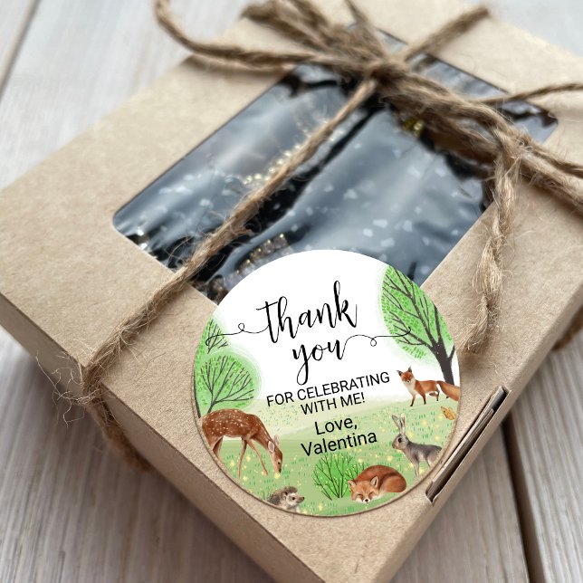 Cute Woodland Animals Fox Elegant Script Thank You Classic Round Sticker (Creator Uploaded)
