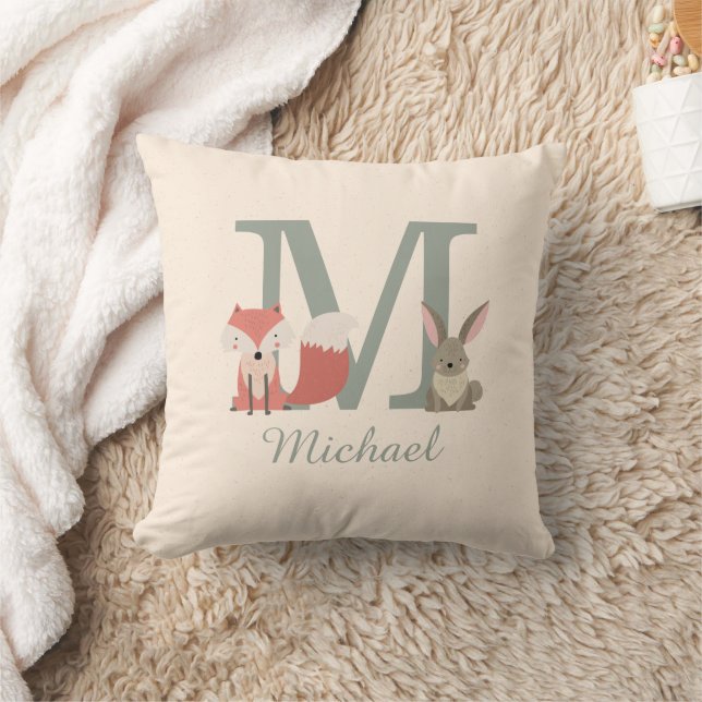 Cute Woodland Animals Friends Monogram Initial Throw Pillow (Blanket)