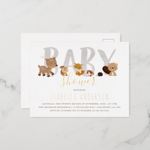Cute Woodland Animals  Gender Neutral Baby Shower Foil Invitation Postcard