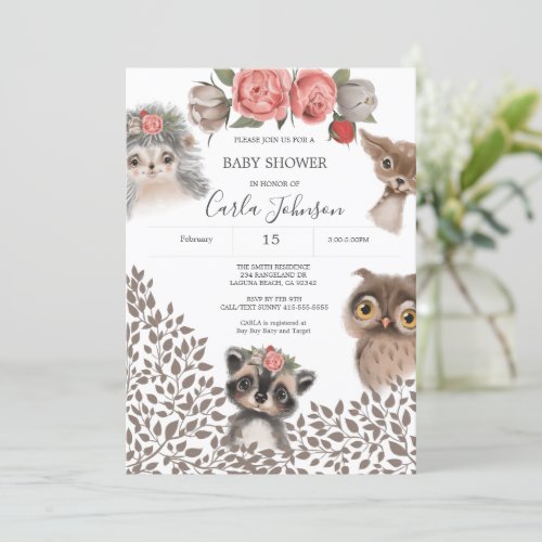 Cute Woodland Animals Girl Baby Shower Invitation