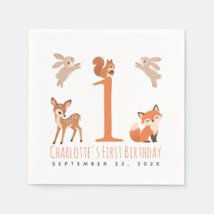 Cute Woodland Animals Girl First Birthday Napkins