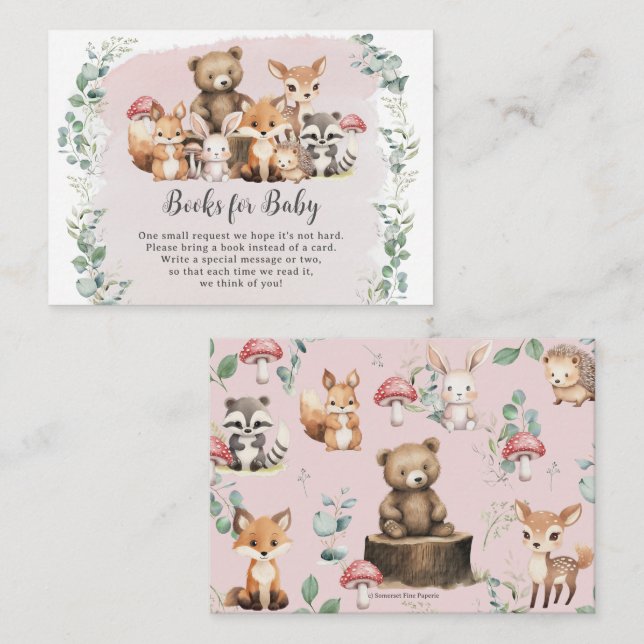 Cute Woodland Animals Girl Shower Books for Baby Enclosure Card (Front/Back)