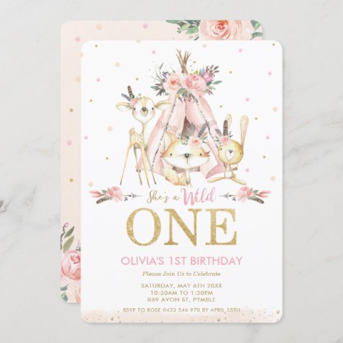 Cute Woodland Animals Girl Wild One 1st Birthday Invitation