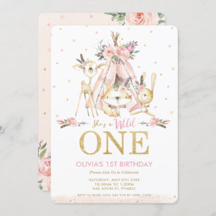 Cute Woodland Animals Girl Wild One 1st Birthday Invitation