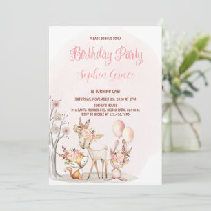 Cute Woodland Animals Girl Wild One 1st Birthday Invitation