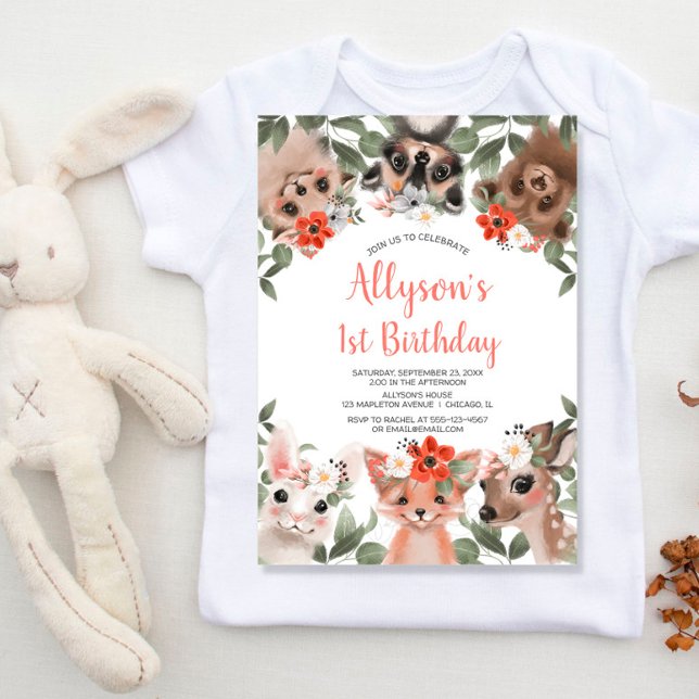 Cute woodland animals girls 1st birthday party invitation (Creator Uploaded)