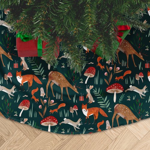 Cute Woodland Animals Green Christmas Forest Brushed Polyester Tree Skirt