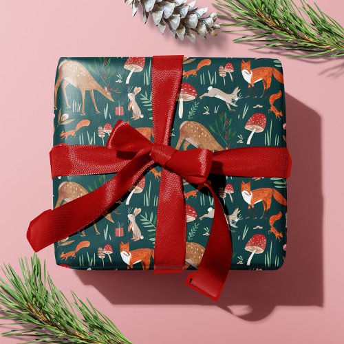 Cute Woodland Animals Green Christmas Forest Wrapping Paper