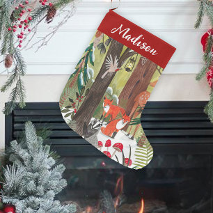 Cute Woodland animals Green Christmas  Large Christmas Stocking