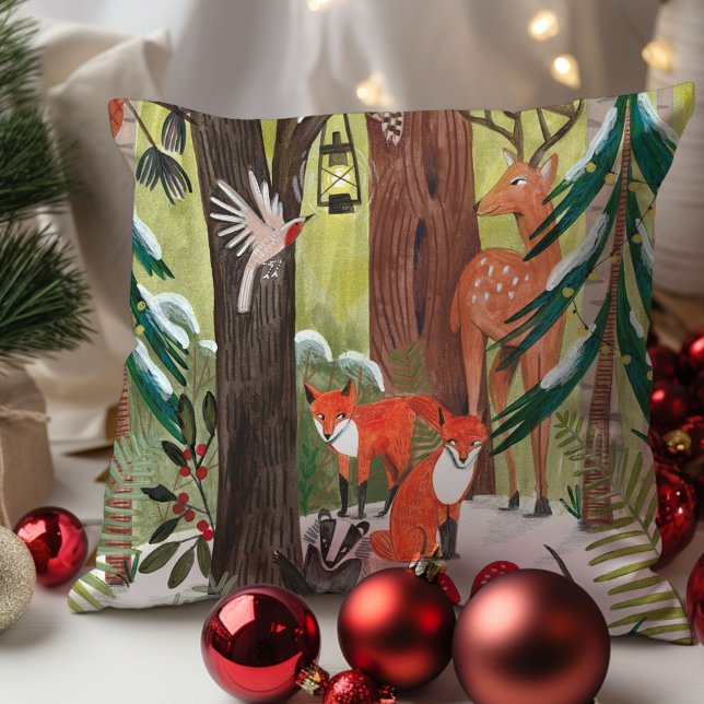 Cute Woodland animals Green Christmas  Throw Pillow (Cute Woodland animals Green Christmas Throw Pillow)