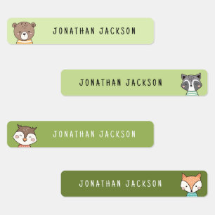 Cute woodland animals green kids name labels