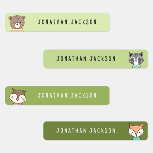 Cute woodland animals green kids name labels