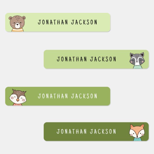 Cute woodland animals green kids name labels (Group)