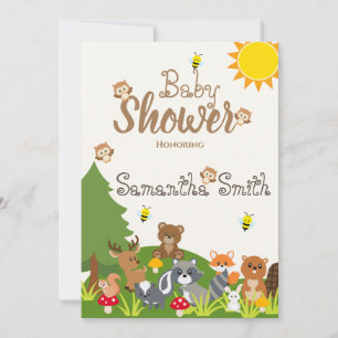 Cute Woodland Animals Green Tree Sun Baby Shower Invitation