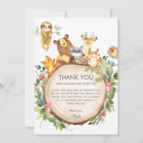 Cute Woodland Animals Greenery 1st Birthday Party Thank You Card