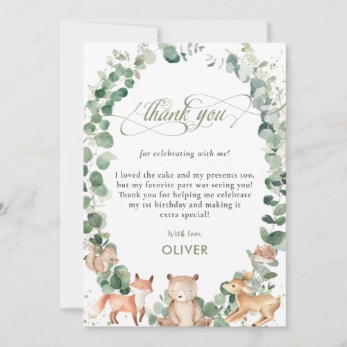 Cute Woodland Animals Greenery 1st Birthday Party  Thank You Card