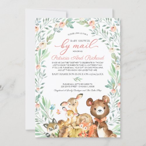 Cute Woodland Animals Greenery Baby Shower By Mail Invitation