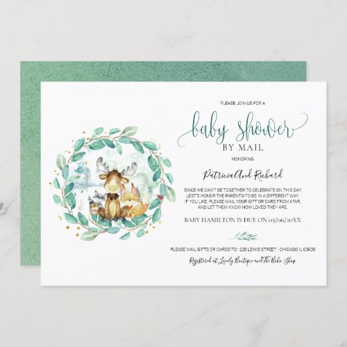 Cute Woodland Animals Greenery Baby Shower By Mail Invitation