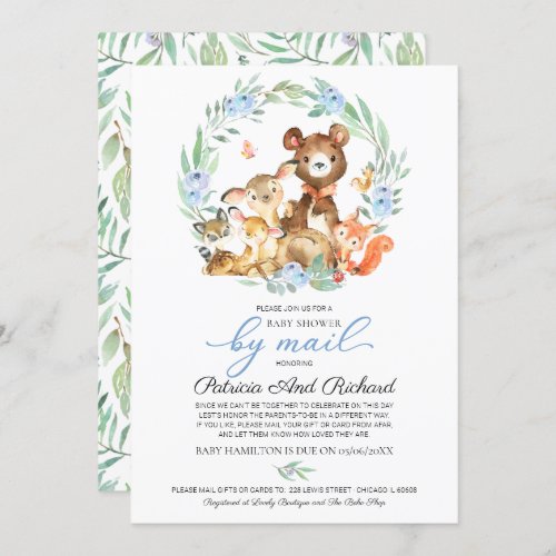 Cute Woodland Animals Greenery Baby Shower By Mail Invitation