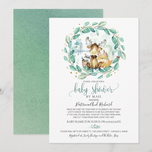 Cute Woodland Animals Greenery Baby Shower By Mail Invitation (Front/Back)