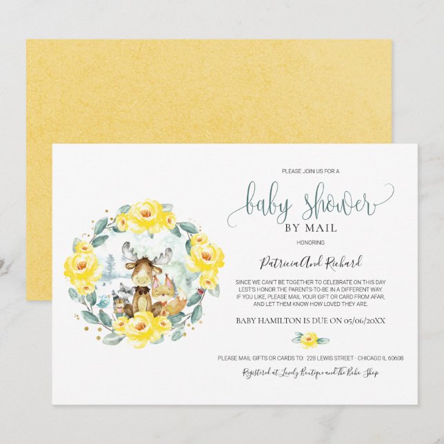 Cute Woodland Animals Greenery Baby Shower By Mail Invitation (Front/Back)