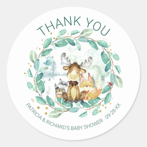 Cute Woodland Animals Greenery Baby Shower Classic Round Sticker