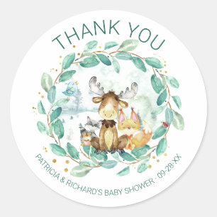 Cute Woodland Animals Greenery Baby Shower Classic Round Sticker