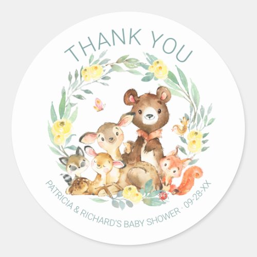 Cute Woodland Animals Greenery Baby Shower Classic Round Sticker