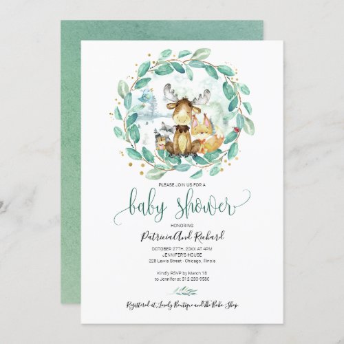 Cute Woodland Animals Greenery Baby Shower Invitation