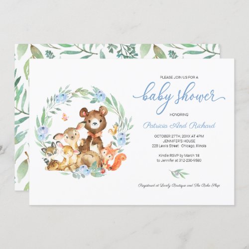 Cute Woodland Animals Greenery Baby Shower Invitation