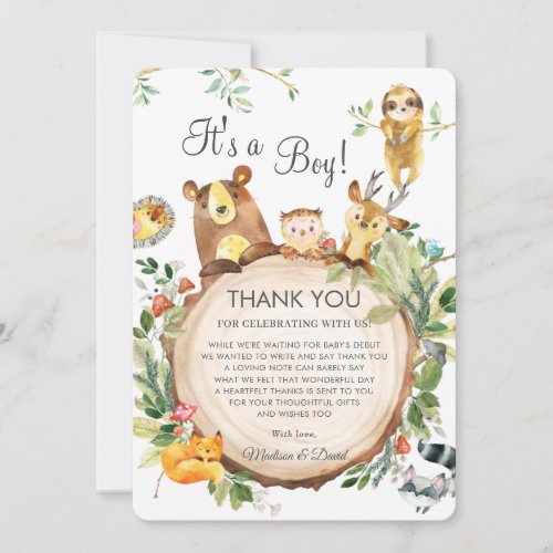 Cute Woodland Animals Greenery Baby Shower Neutral Thank You Card