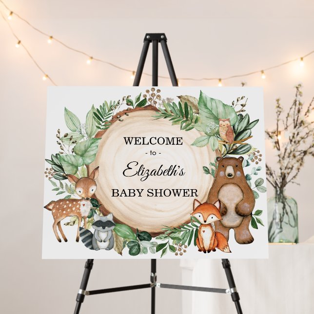 Cute Woodland Animals Greenery Baby Shower Welcome Foam Board (In Situ (Stand))