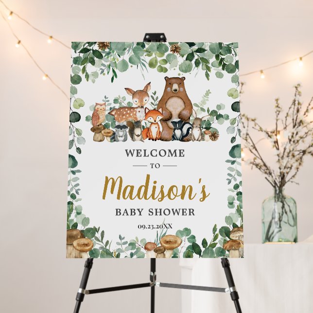 Cute Woodland Animals Greenery Baby Shower Welcome Foam Board (In Situ (Stand))