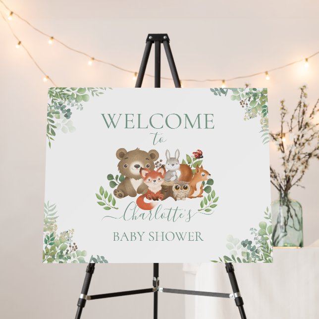 Cute Woodland Animals Greenery Baby Shower Welcome Foam Board (In Situ (Stand))