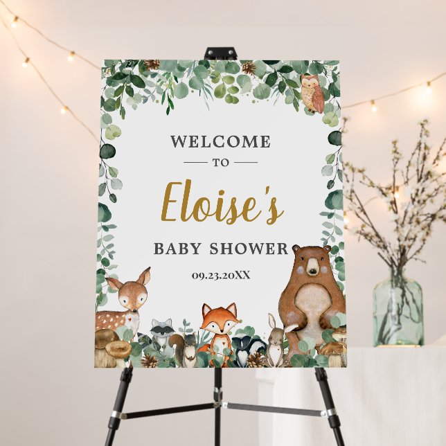Cute Woodland Animals Greenery Baby Shower Welcome Foam Board (In Situ (Stand))