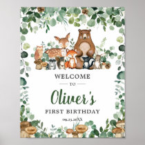 Cute Woodland Animals Greenery Birthday Welcome  Poster