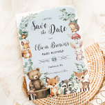 Cute Woodland Animals Greenery Blue Baby Shower Save The Date<br><div class="desc">Personalize this cute woodland save the date easily and quickly. Simply click the customize it further button to edit the texts,  change fonts and fonts colors. Featuring adorable baby woodland animals. Matching items available in store. (c) Somerset Fine Paperie</div>