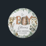 Cute Woodland Animals Greenery Boy Baby Shower  Button<br><div class="desc">Personalize these coordinating Woodland Animals Baby Shower button pins easily and quickly. Simply click the customize it further button to edit the texts,  change fonts and fonts colors. Featuring watercolor woodland animals and elegant green foliage. Matching items available in store. (c) Somerset Fine Paperie</div>