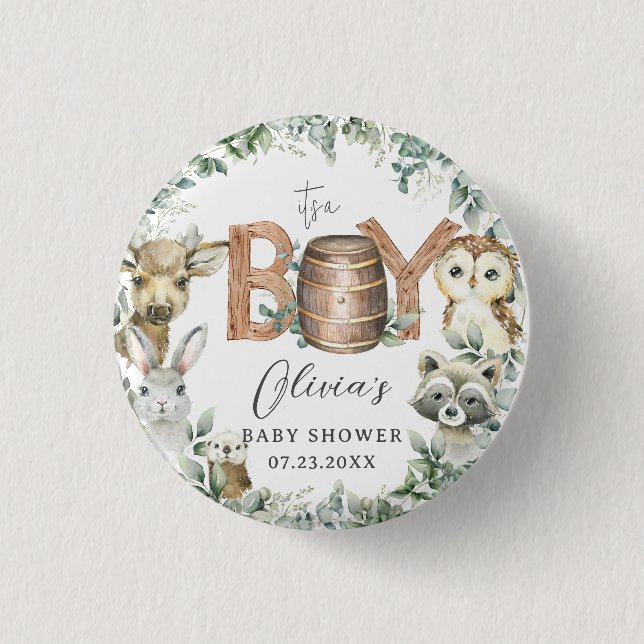 Cute Woodland Animals Greenery Boy Baby Shower  Button (Front)