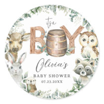 Cute Woodland Animals Greenery Boy Baby Shower  Classic Round Sticker