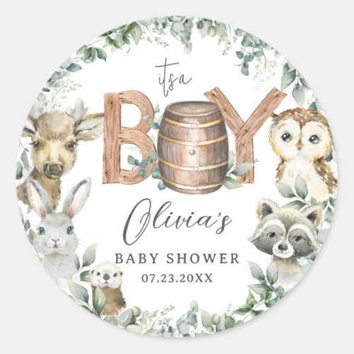 Cute Woodland Animals Greenery Boy Baby Shower  Classic Round Sticker