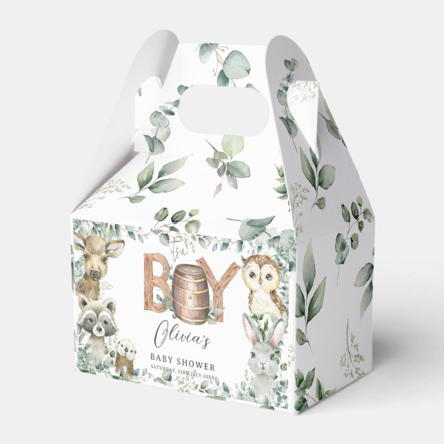Cute Woodland Animals Greenery Boy Baby Shower  Favor Boxes (Front Side)