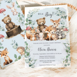 Cute Woodland Animals Greenery Boy Baby Shower Invitation