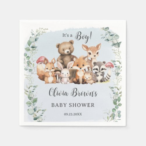 Cute Woodland Animals Greenery Boy Baby Shower Napkins