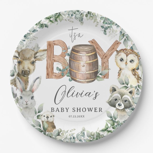Cute Woodland Animals Greenery Boy Baby Shower  Paper Plates (Front)