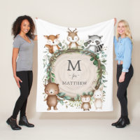 Cute Woodland Animals Greenery Custom Monogram Fleece Blanket