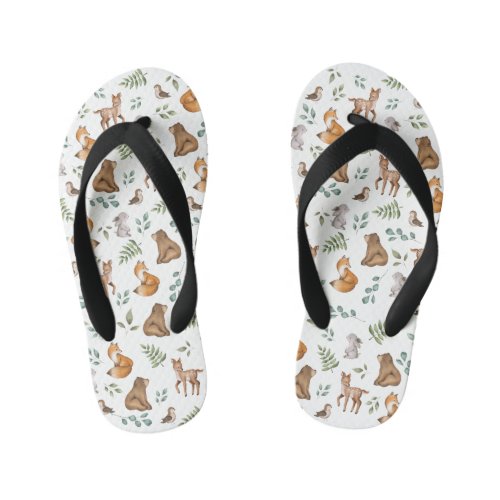 Cute Woodland Animals Greenery Forest Fable Kids Flip Flops