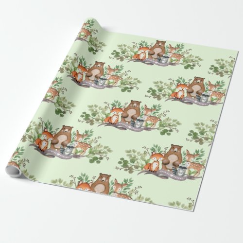 Cute Woodland Animals Greenery Forest Party Wrapping Paper