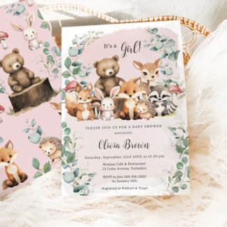 Cute Woodland Animals Greenery Girl Baby Shower Invitation