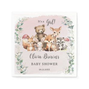Cute Woodland Animals Greenery Girl Baby Shower Napkins